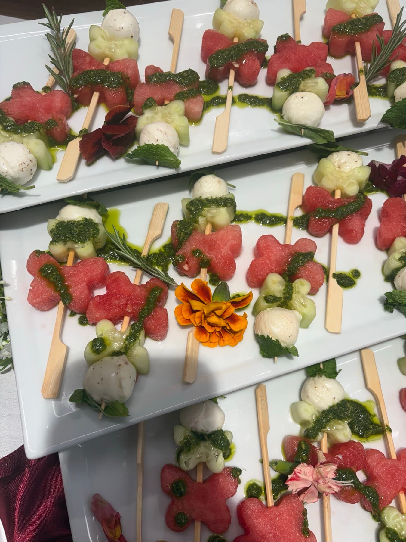 Plated appetizers with edible flowers