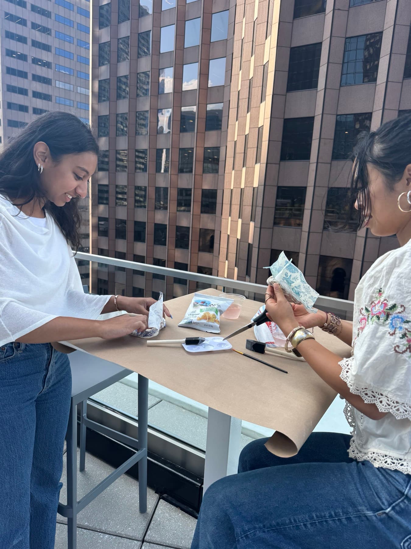 Hands-on craft workshop on an office terrace